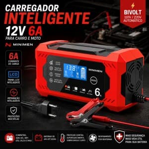 Carregador Bateria Inteligente 12V 6A Minimen Carro Moto Bivolt LCD Recuperação AGM GEL