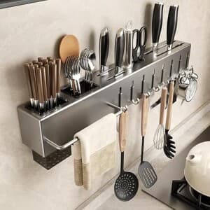 Organizador MultiusoSuporte de ParedePorta Utensílios, Talheres e Porta Pano de Pratos com 8 ganchos 50cm, em metal, super resistente, moderno e func